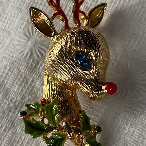 Arthur Pepper Rudolph The Red-Nosed Reindeer Christmas Brooch Pin With Holly & B - Picture 1 of 12